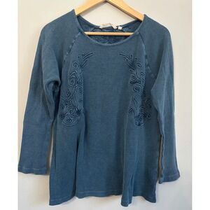 Soft Surroundings Top 1X Blue Waffle Thermal Knit Embroidered Shirt Casual